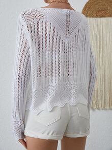 EURMUSE Pointelle Knit Scallop Hem Jumper - White - View 2
