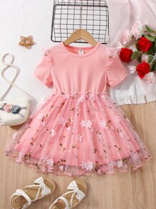 SHEIN Young Girl Pink Floral Printed Round Neck Mesh Dress With Ruffles, Perfect For Summer Holiday - Pink - View 1
