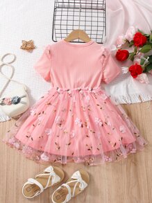 SHEIN Young Girl Pink Floral Printed Round Neck Mesh Dress With Ruffles, Perfect For Summer Holiday - Pink - View 2
