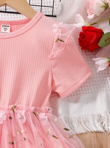 SHEIN Young Girl Pink Floral Printed Round Neck Mesh Dress With Ruffles, Perfect For Summer Holiday - Pink - View 3