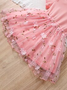 SHEIN Young Girl Pink Floral Printed Round Neck Mesh Dress With Ruffles, Perfect For Summer Holiday - Pink - View 4