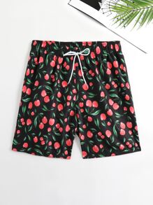 Manfinity Men Cherry Print Drawstring Waist Swim Trunks - Black - View 1