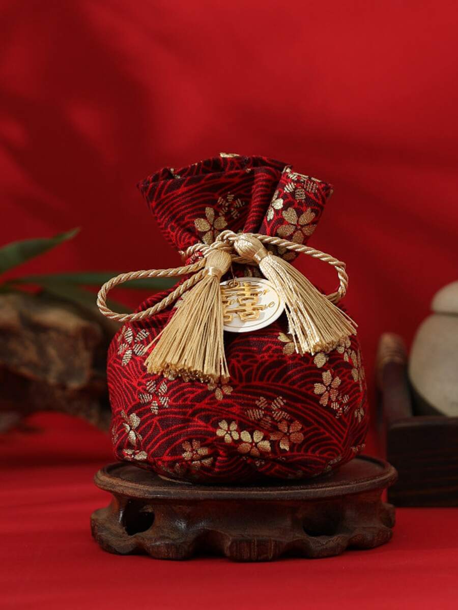 1pc Chinese Character Detail Tassel Decor Gift Bag - Multicolor - View 1