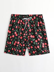 Manfinity Men Cherry Print Drawstring Waist Swim Trunks - Black - View 4