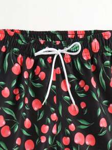 Manfinity Men Cherry Print Drawstring Waist Swim Trunks - Black - View 5