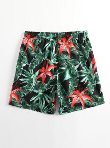 Manfinity Hombres Shorts de natación con estampado tropical de cintura con cordón - Multicolor - Ver 2