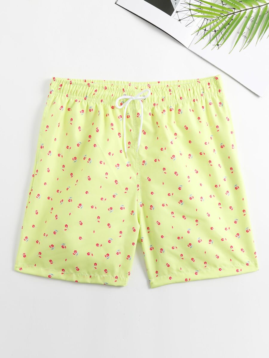 Manfinity Hombres Shorts de natación con estampado floral de cintura con cordón - Amarillo - Ver 1