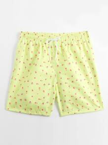 Manfinity Hombres Shorts de natación con estampado floral de cintura con cordón - Amarillo - Ver 4