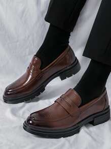 男士漸變圖案縫線細節連衣裙樂福鞋，繫帶前尖頭正裝鞋 - 棕色 - 查看 3