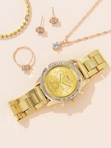 1入女士金色手錶，鑲有鑽石裝飾的石英手錶和5入組耳環戒指手鍊項鍊珠寶套裝，適合度假 - 金色 - 查看 2