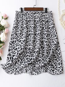 SHEIN LUNE Plus Leopard Print Elastic Waist Skirt - Black and White - View 1