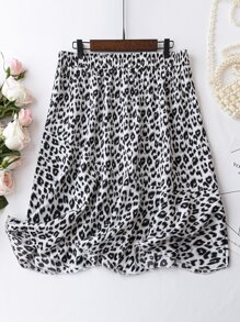SHEIN LUNE Plus Leopard Print Elastic Waist Skirt - Black and White - View 2