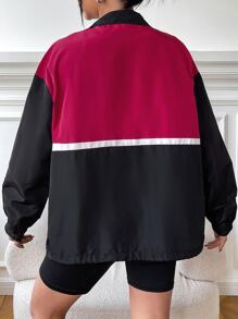 SHEIN Unity Letter Patched Detail Colourblock Drop Shoulder Zipper Jacket - Red Violet - View 2