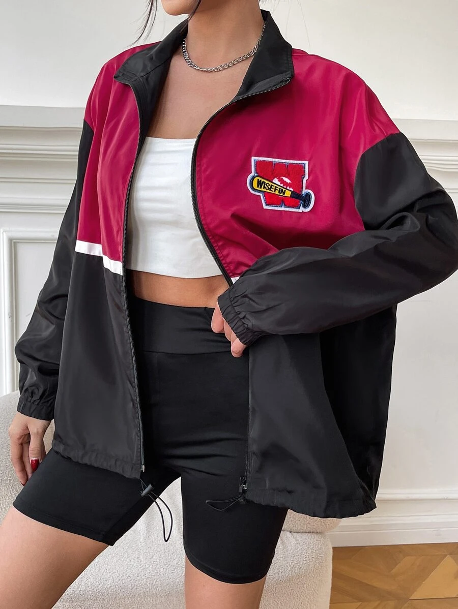SHEIN Unity Letter Patched Detail Colourblock Drop Shoulder Zipper Jacket - Red Violet - View 1