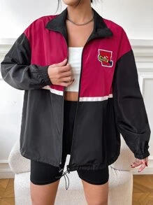 SHEIN Unity Letter Patched Detail Colourblock Drop Shoulder Zipper Jacket - Red Violet - View 4