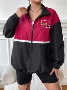 SHEIN Unity Letter Patched Detail Colourblock Drop Shoulder Zipper Jacket - Red Violet - View 5