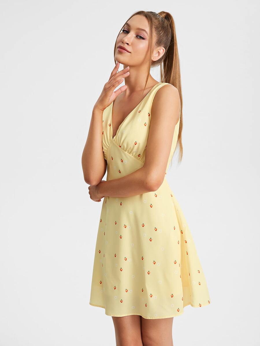 Mi Amor Floral & Strawberry Print Ruched Detail Dress - Yellow - View 1