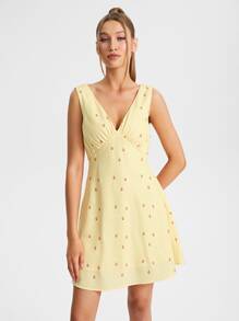 Mi Amor Floral & Strawberry Print Ruched Detail Dress - Yellow - View 4