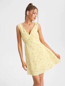 Mi Amor Floral & Strawberry Print Ruched Detail Dress - Yellow - View 5