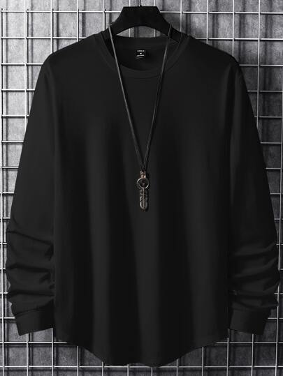 T-shirt unicolore à ourlet incurvé pour hommes, sans collier, automne