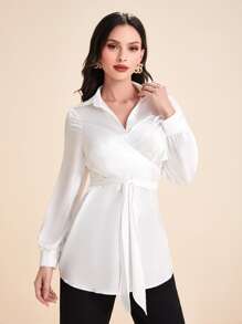 Modelyn Blusa unicolor cruzado con cinturón - Blanco - Ver 6