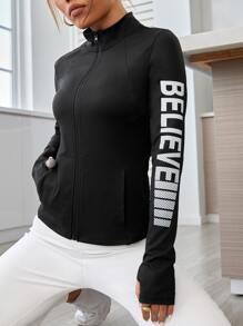 Letter Graphic Thumbholes Zip Up Sports Jacket - Black - View 1