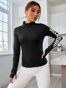 Letter Graphic Thumbholes Zip Up Sports Jacket - Black - View 4