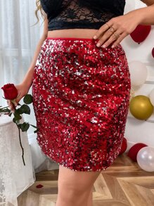 Celure Plus High Waist Sequin Skirt - Red - View 2