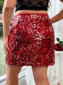 Celure Plus High Waist Sequin Skirt - Red - View 3