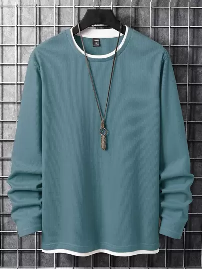 Manfinity Homme 男士纯色华夫格针织二合一T恤，秋季长袖上衣