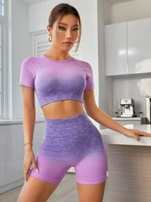 Yoga Party 2入組漸層健身瑜伽套裝插肩袖短版T恤和收復騎行褲 - 紫色 - 查看 4