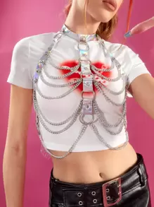 SHEIN ICON 鏈條細節環鏈PU皮革束帶文胸不帶T恤 - 銀色 - 查看 1