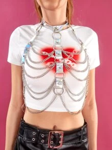 SHEIN ICON 鏈條細節環鏈PU皮革束帶文胸不帶T恤 - 銀色 - 查看 3