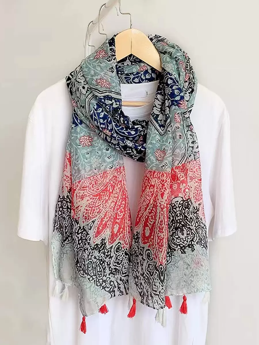 1pc Women Bohemian Style Bali Chiffon Printed Tassel Scarf, Lightweight, Elegant, Comfortable, Windproof, Versatile For Casual, Outdoor, School, Commute - Multicolor - View 1