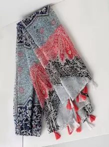 1pc Women Bohemian Style Bali Chiffon Printed Tassel Scarf, Lightweight, Elegant, Comfortable, Windproof, Versatile For Casual, Outdoor, School, Commute - Multicolor - View 2