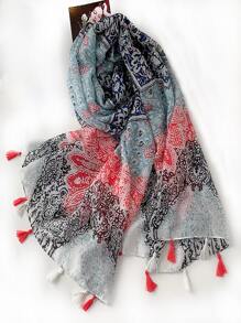 1pc Women Bohemian Style Bali Chiffon Printed Tassel Scarf, Lightweight, Elegant, Comfortable, Windproof, Versatile For Casual, Outdoor, School, Commute - Multicolor - View 3