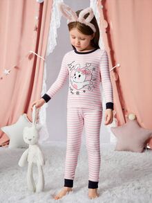 Toddler Girls Striped & Cartoon Graphic Contrast Trim Snug Fit PJ Set - Multicolor - View 5