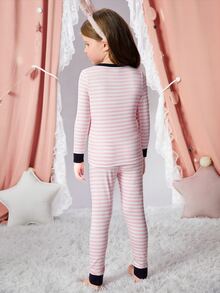 Toddler Girls Striped & Cartoon Graphic Contrast Trim Snug Fit PJ Set - Multicolor - View 3