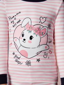 Toddler Girls Striped & Cartoon Graphic Contrast Trim Snug Fit PJ Set - Multicolor - View 2