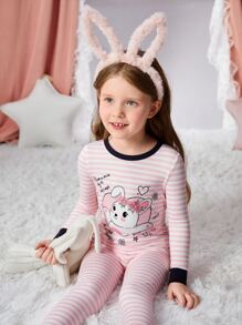 Toddler Girls Striped & Cartoon Graphic Contrast Trim Snug Fit PJ Set - Multicolor - View 4