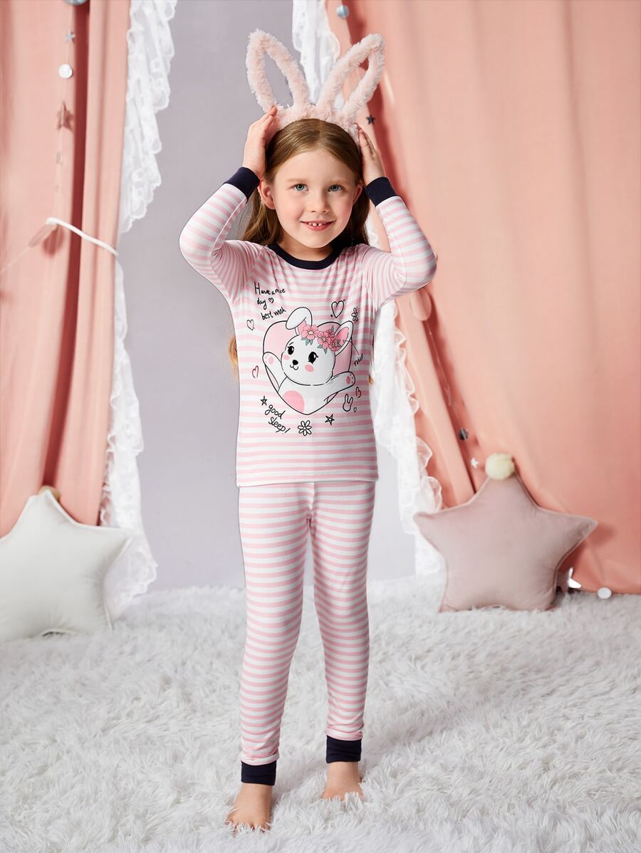 Toddler Girls Striped & Cartoon Graphic Contrast Trim Snug Fit PJ Set - Multicolor - View 1