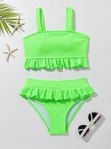 Conjunto de bikini con dobladillo con volantes para niña preadolescente, para playa de verano - Verde Lima - Ver 1