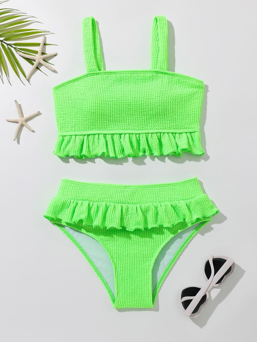 Conjunto de bikini con dobladillo con volantes para niña preadolescente, para playa de verano - Verde Lima - Ver 1