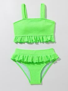 Conjunto de bikini con dobladillo con volantes para niña preadolescente, para playa de verano - Verde Lima - Ver 3