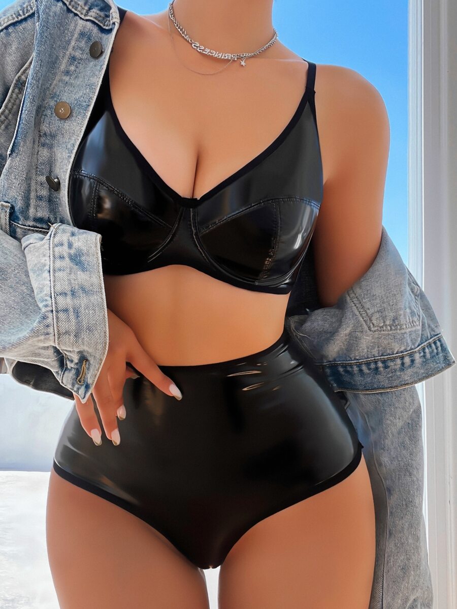 PU Underwire Lingerie Set - Black - View 1