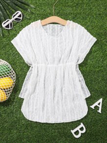 Girls Swiss Dot Contrast Trim Cover Up - White - View 1