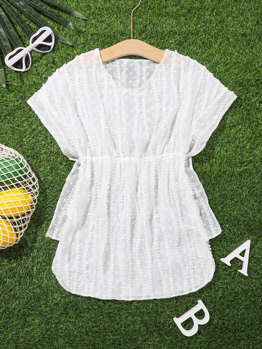 Girls Swiss Dot Contrast Trim Cover Up - White - View 1
