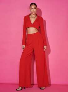 SHEIN BAE Solid Crop Blazer & Wide Leg Trousers - Red - View 2