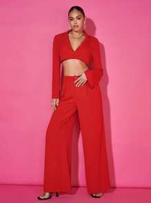 SHEIN BAE Solid Crop Blazer & Wide Leg Trousers - Red - View 1