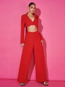 SHEIN BAE Solid Crop Blazer & Wide Leg Trousers - Red - View 4